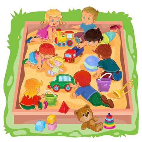 Free Vector Little Boys And Girls Sitting In The Sandbox Play Their Toys