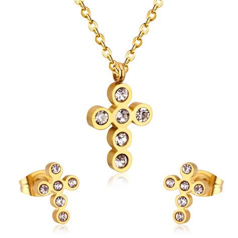 316l Stainless Steel Cz Jewelry Sets Cross Necklace Earring Set Women Men Jewelry T In