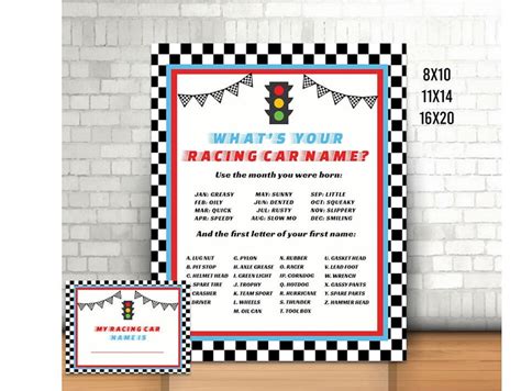 Race Car Name Name Sign And Card Printable Car Names Poster Etsy