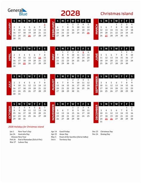 Christmas Island 2028 Yearly Calendar Downloadable