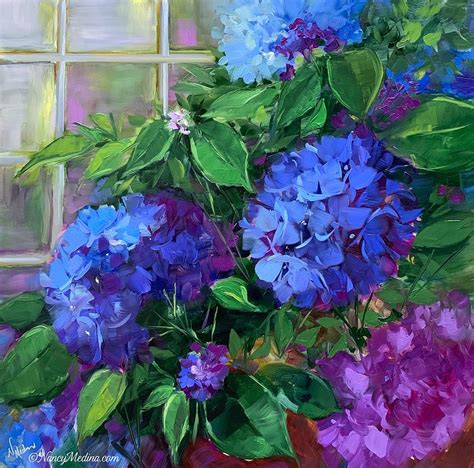 Sunday Blue Bloomers Hydrangeas Painting By Nancy Medina Fine Art America