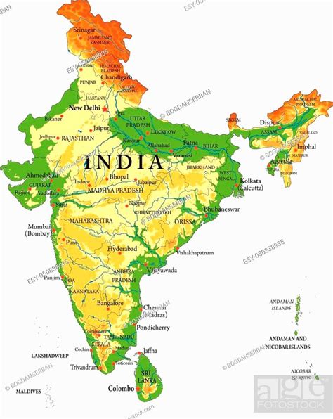 Highly Detailed Physical Map Of India In Vector Format With All The