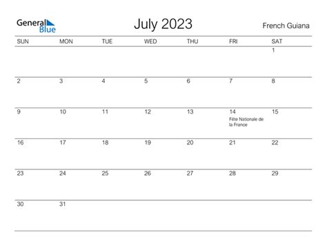French Guiana July 2023 Calendar With Holidays