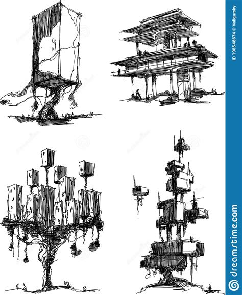 Four Architectural Sketches Of Architecture Stock Vector Illustration