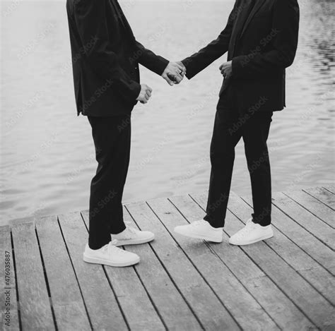 European Gay Couple Holding Hands Wearing Black Suits Wedding Day Of A Same Sex Couple Black