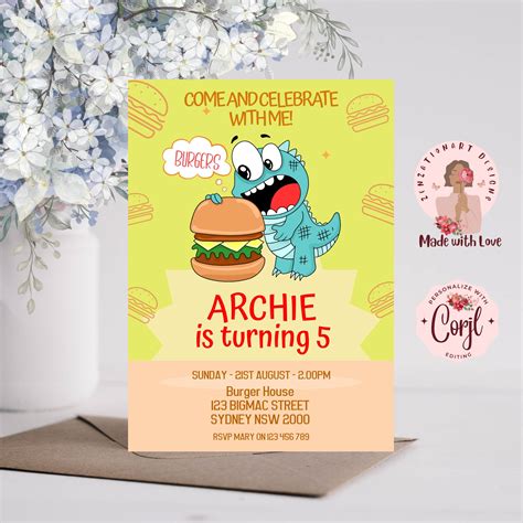 Editable Burger Birthday Invitation Girls BBQ Burger Party Boy BBQ