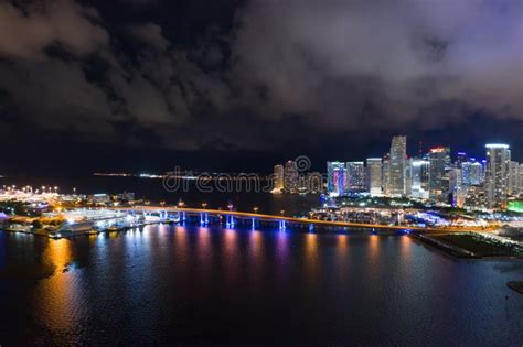 Night Aerial Bridges To Downtown Miami From Port Harbor Stock Photo