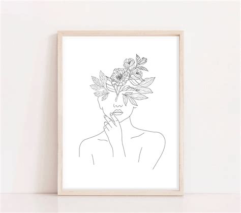 Line Art Woman With Flowers Head Of Flowers Art Print Flower Woman