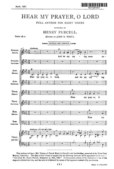 Hear My Prayer O Lord From Henry Purcell Et Al Buy Now In The