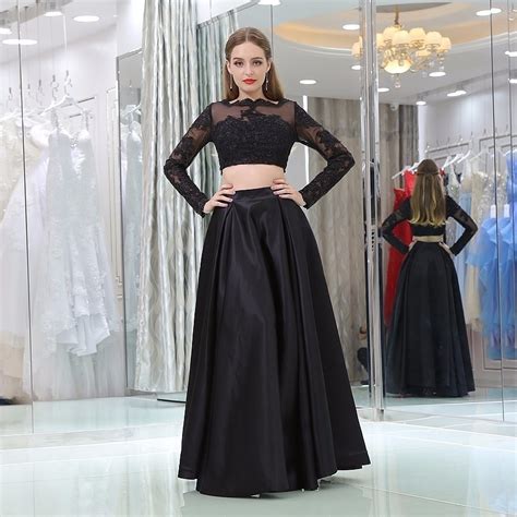 black color prom dress sexy two piece long sleeves lace evening party gown plus size custom made