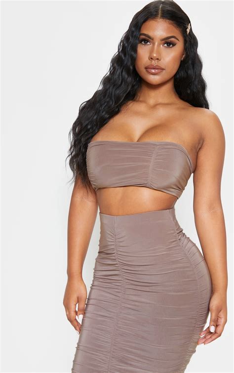 Taupe Slinky Ruched Detail Bandeau Crop Top Prettylittlething Il