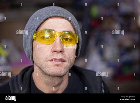 The Guy In The Yellow Glasses Portrait Of A Man In Safety Glasses In A Workshop Portrait In