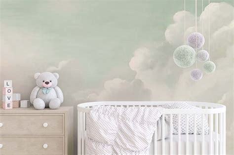 Baby Nursery Wallpaper Clouds With Mint Sky Wall Mural Etsy Baby