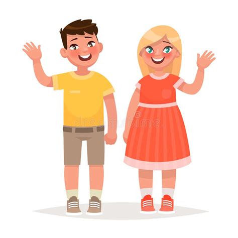 Boy And Girl Are Waving Hands Vector Illustration Stock Illustration