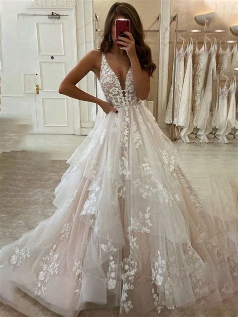 Princess Deep V Neck Wedding Dress A Line Sleeveless Backless Tulle