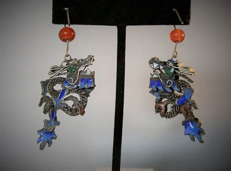 Chinese Dragon Filigree Silver And Enamel Earrings Vintage And Unusual