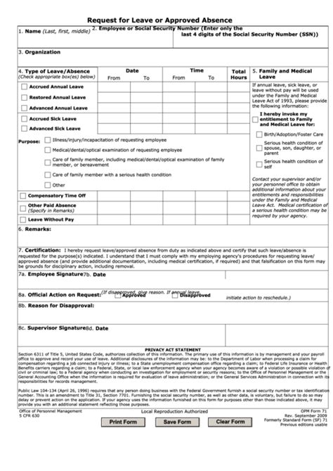 Request For Leave Or Approved Absence Opm Form 71 Printable Pdf Download
