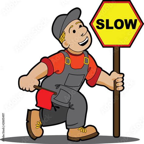 Cartoon Road Worker With Sign Warning Stock Vector Adobe Stock