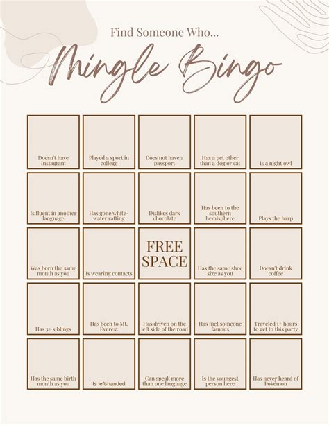 Mingle Bingo Printable Bingo Card Etsy