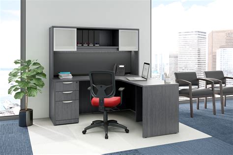 It comes with a heather gray the desk is crafted from solids, specifically maple hardwood. Gray L Shaped Desk with Hutch | Madison Liquidators