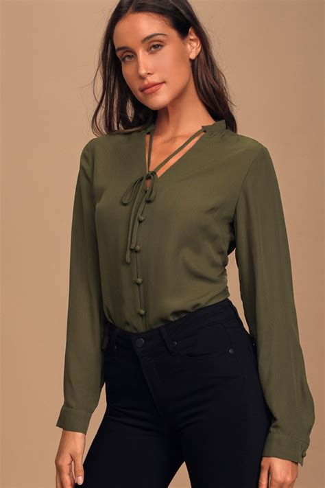 Pretty Olive Green Blouse Button Up Blouse Long Sleeve Blouse Lulus