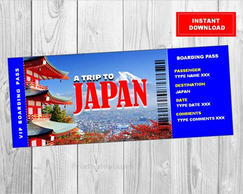 Printable Ticket To Japan Boarding Pass Customizable Template Digital File You Fill And Print