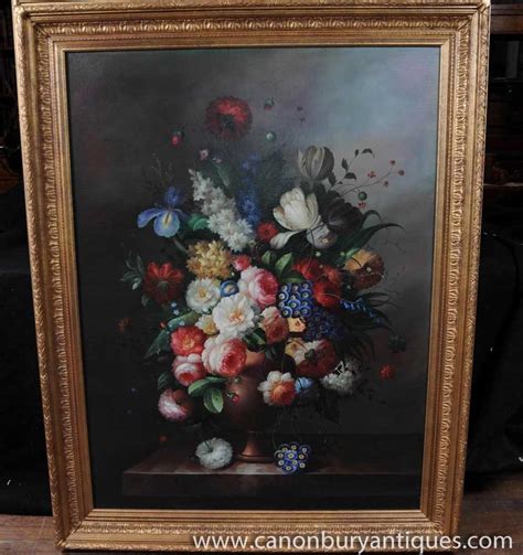 Large Dutch Floral Oil Painting Still Life Flowers Gilt Frame
