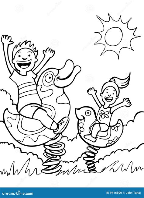 Kids Playing On Park Rides Black And White Stock Vector
