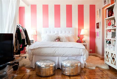 White And Pink Striped Wall Contemporary Bedroom