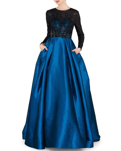 Mac Duggal Synthetic Sequin Embellished High Neck Illusion Long Sleeve