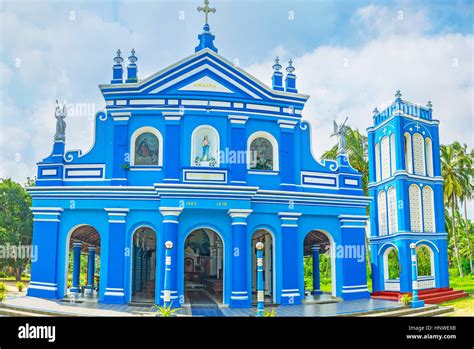Panorama Of The Bright Blue Roman Catholic Church With The Scenic