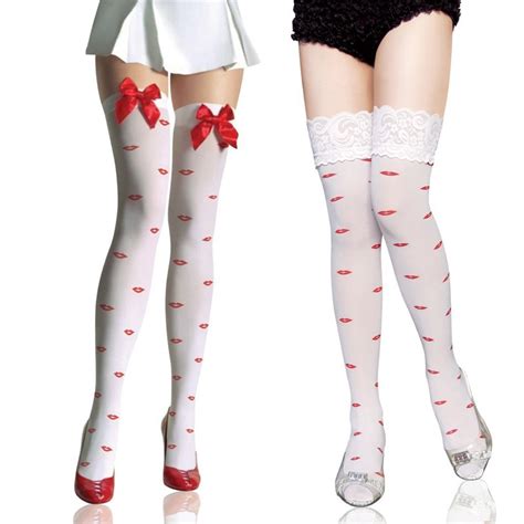 Newly Design Adult Women Stocking Bow Tie Lips White Lace Bow Tigh High Stockings Drop Shipping