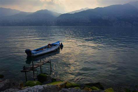 Blue Boat In Lake Garda Stock Photo Image Of Water 109069126