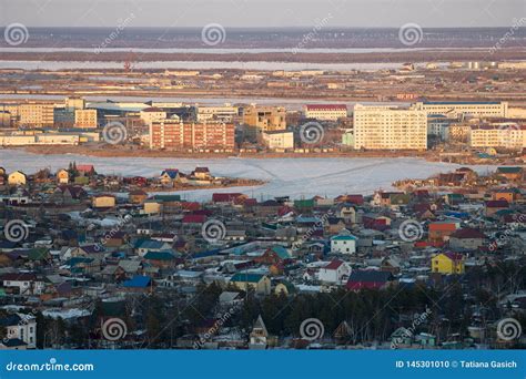 Winter City Scenery With Aerial View Of Yakutsk Center At Twilight