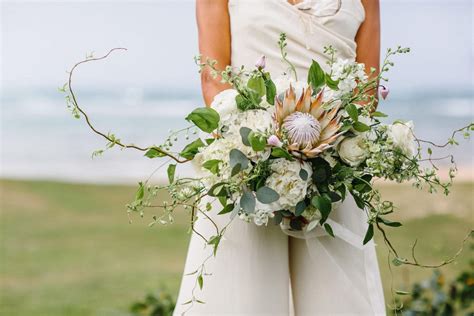 Green And White Wedding Bouquet With Protea Relaxed Tropical Romance