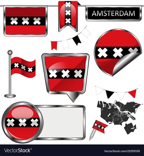 glossy icons with flag of amsterdam netherlands vector image