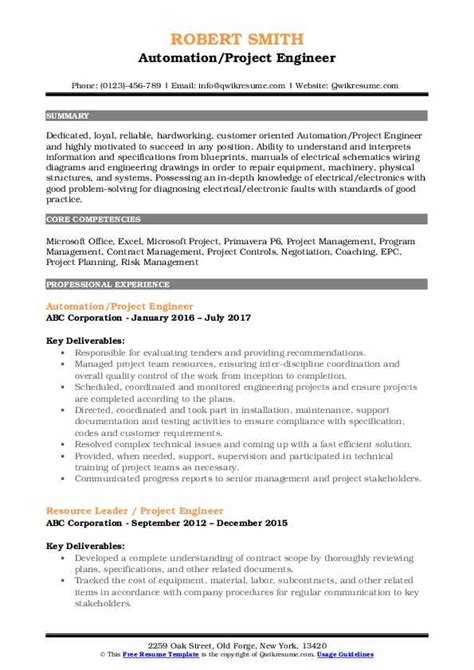 Project Engineer Resume Samples Qwikresume