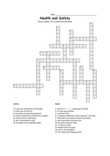 Health And Safety Crossword Teaching Resources
