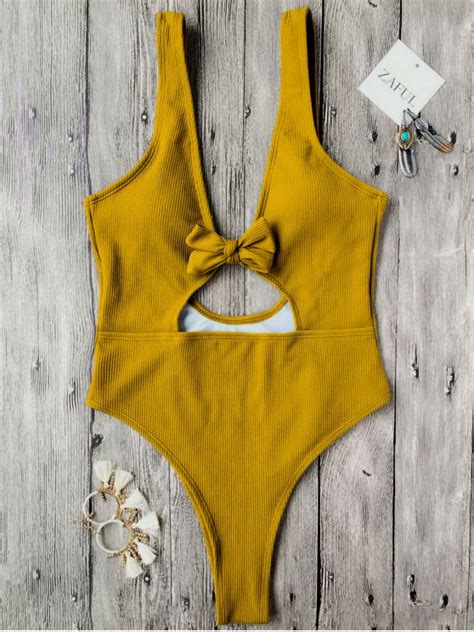 Bowknot Textured High Cut One Piece Swimsuit