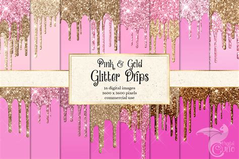 Pink And Gold Glitter Drips Digital Paper By Digital Curio Thehungryjpeg