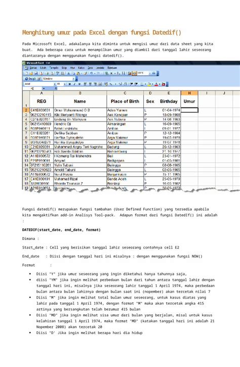 Doc Menghitung Umur Pada Excel Dengan Fungsi Datedif Dokumen Tips