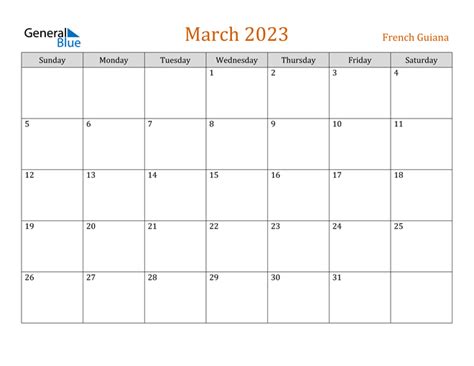 French Guiana March 2023 Calendar With Holidays