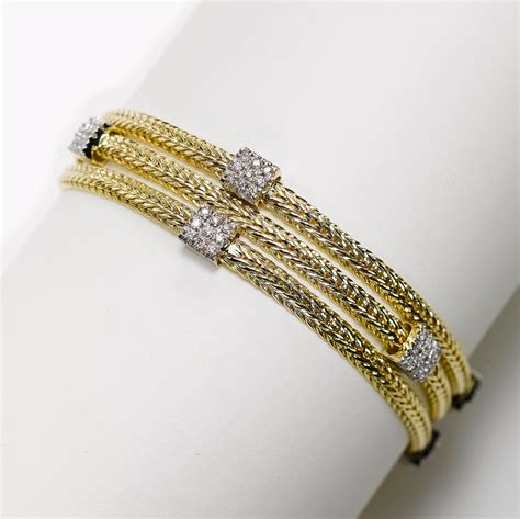 Three Strand Braid Design Bracelet With Diamonds 14k Yellow Gold