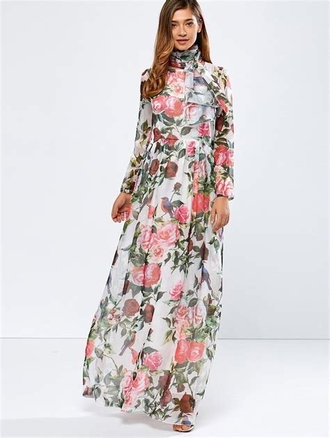 2018 Vintage Chiffon Long Sleeve Floral Print Floor Length Maxi Prom