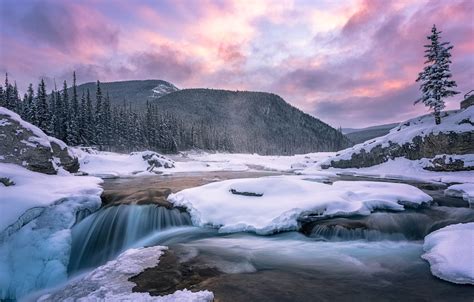 Wallpaper Winter Snow Landscape Sunset Mountains Nature River