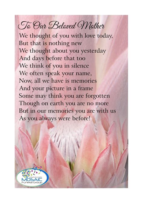 Funeral Poem For Mom Created By Mosaic Funerals Amanzimtoti Funeral