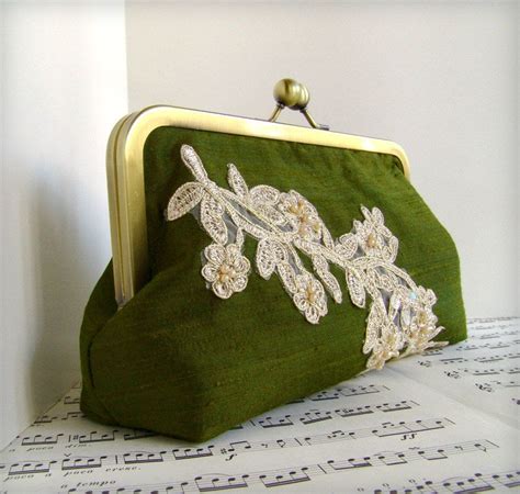 Moss Olive Green Formal Evening Clutch Bag Silk Clutch Purse With