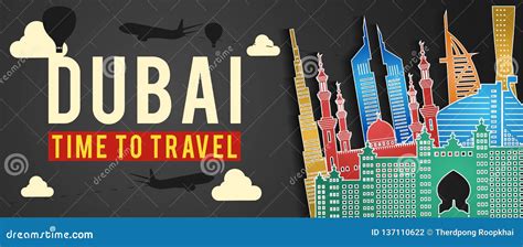 Banner Of Dubai Famous Landmark Silhouette Colorful Styleplane And