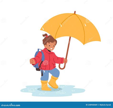 Cheerful Smiling Child With Umbrella And Rucksack Walk By Puddles At