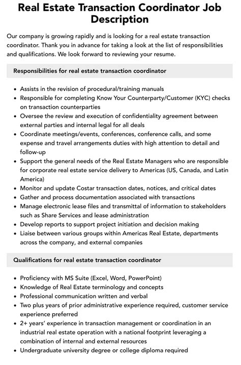Real Estate Transaction Coordinator Job Description Velvet Jobs